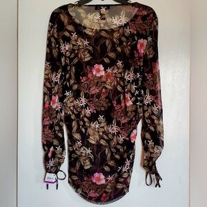 INC International Concepts Floral Runched Blouse - Pink and Brown